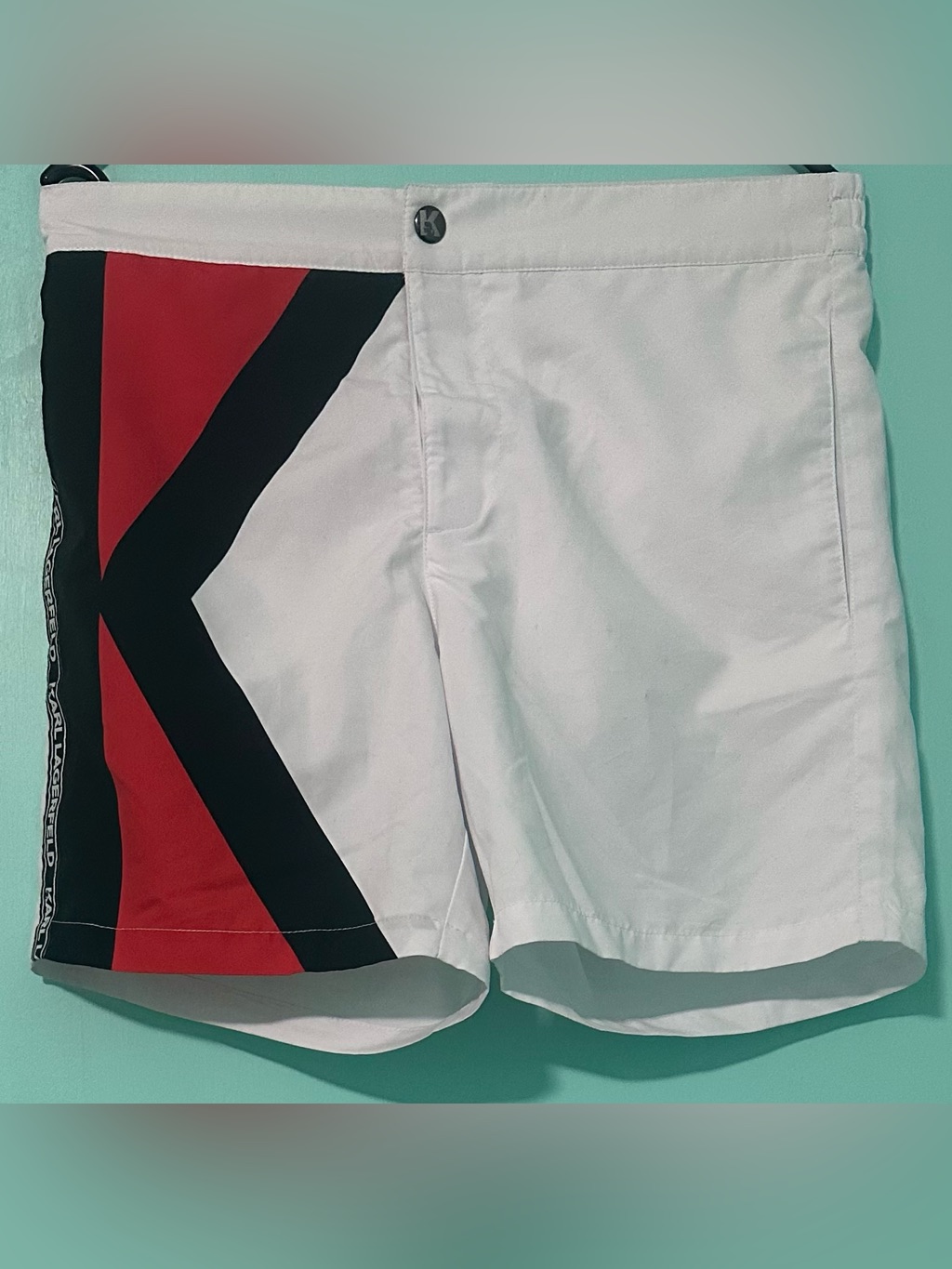 Karl Lagerfeld White Swim Trunks With Red & Black Graphic